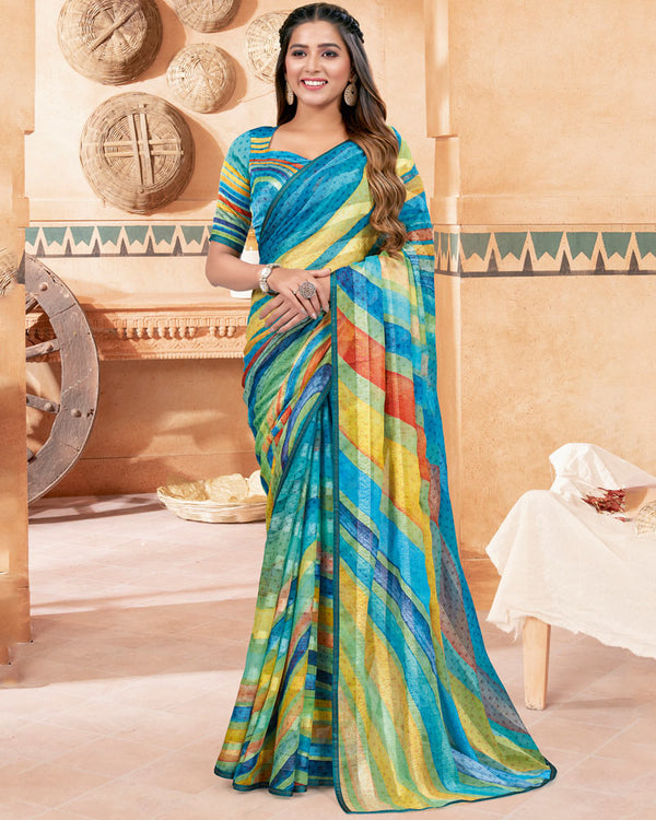 Vishal Prints Blue Fancy Chiffon Digital Print Saree With Diamond Work Satin Piping