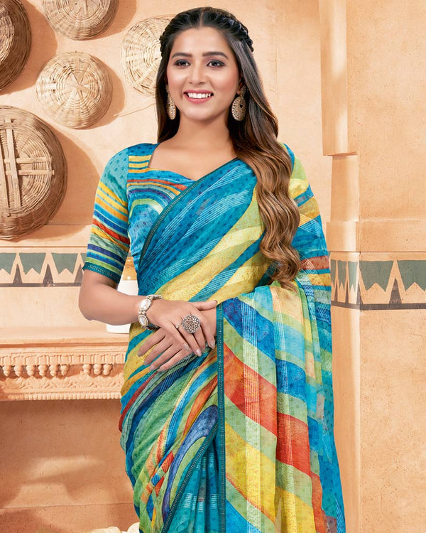 Vishal Prints Blue Fancy Chiffon Digital Print Saree With Diamond Work Satin Piping