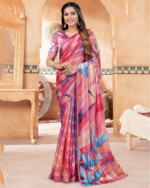 Vishal Prints Multi Color Fancy Chiffon Digital Print Saree With Diamond Work Satin Piping