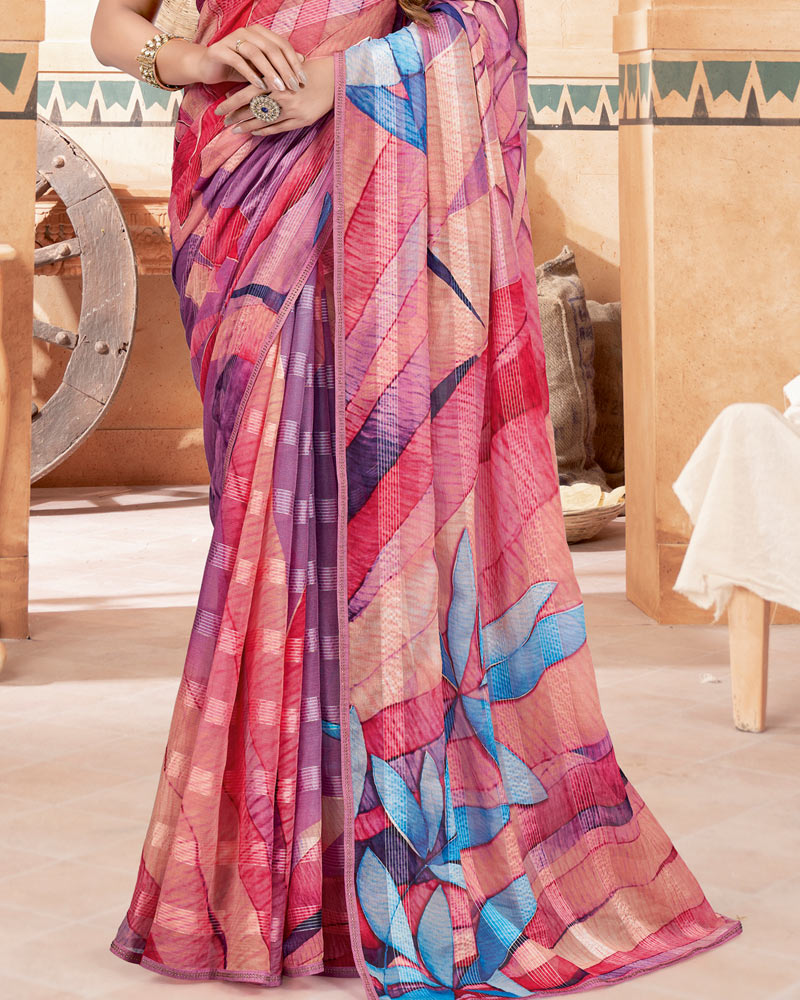 Vishal Prints Multi Color Fancy Chiffon Digital Print Saree With Diamond Work Satin Piping