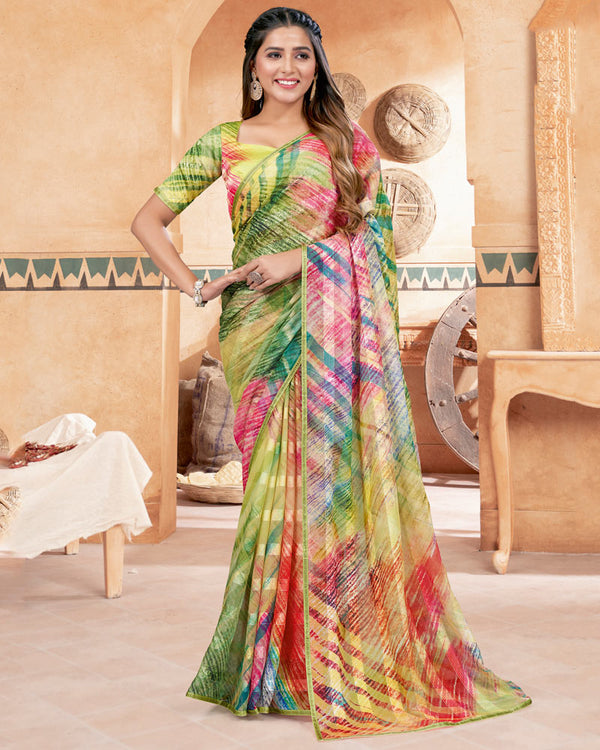 Vishal Prints Multi Color Fancy Chiffon Digital Print Saree With Diamond Work Satin Piping