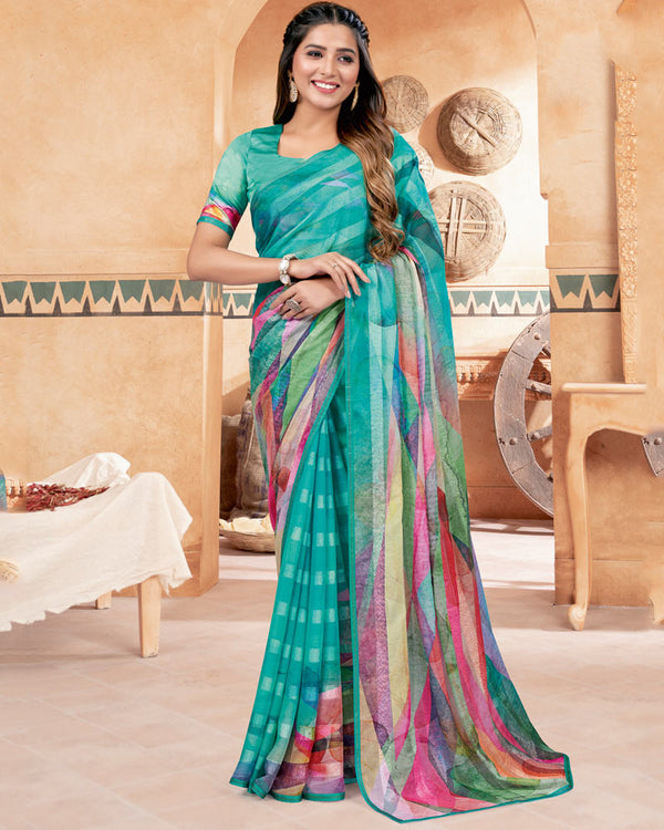 Vishal Prints Teal Blue Fancy Chiffon Digital Print Saree With Diamond Work Satin Piping