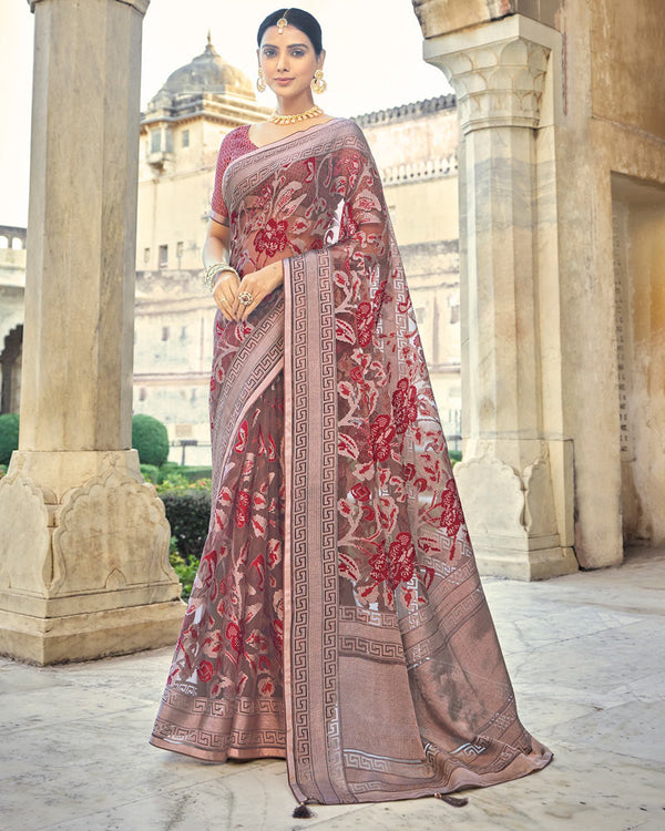 Vishal Prints Burgundy Printed Designer Tissue Brasso Saree With Tassel