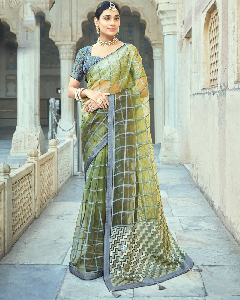 Vishal Prints Dark Olive Green Printed Designer Tissue Brasso Saree With Tassel