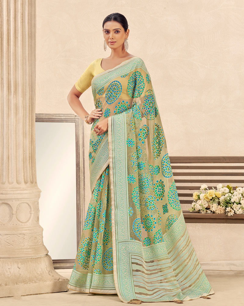 Vishal Prints Khaki Green Printed Designer Tissue Brasso Saree With Tassel