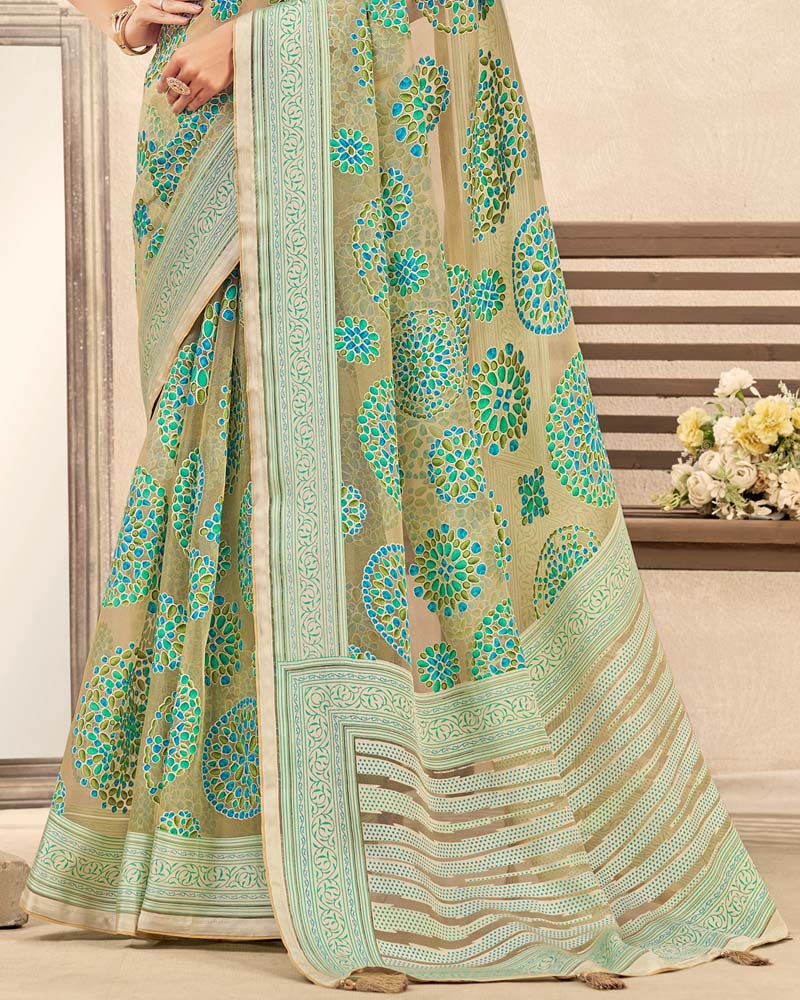 Vishal Prints Khaki Green Printed Designer Tissue Brasso Saree With Tassel