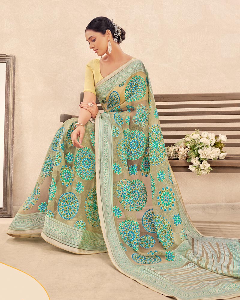 Vishal Prints Khaki Green Printed Designer Tissue Brasso Saree With Tassel