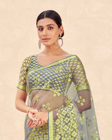 Vishal Prints Lime Yellow Printed Designer Tissue Brasso Saree With Tassel