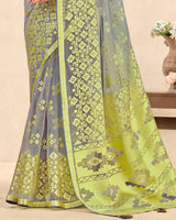 Vishal Prints Lime Yellow Printed Designer Tissue Brasso Saree With Tassel