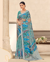 Vishal Prints Teal Green Printed Designer Tissue Brasso Saree With Tassel