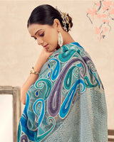 Vishal Prints Teal Green Printed Designer Tissue Brasso Saree With Tassel