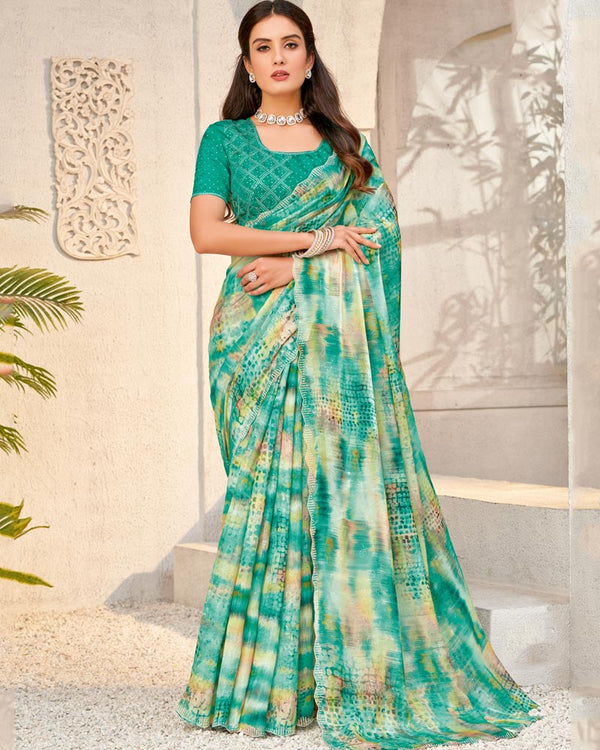 Vishal Prints Aqua Green Designer Organza Digital Print Saree With Diamond Work And Cut Work Border