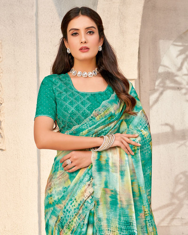 Vishal Prints Aqua Green Designer Organza Digital Print Saree With Diamond Work And Cut Work Border