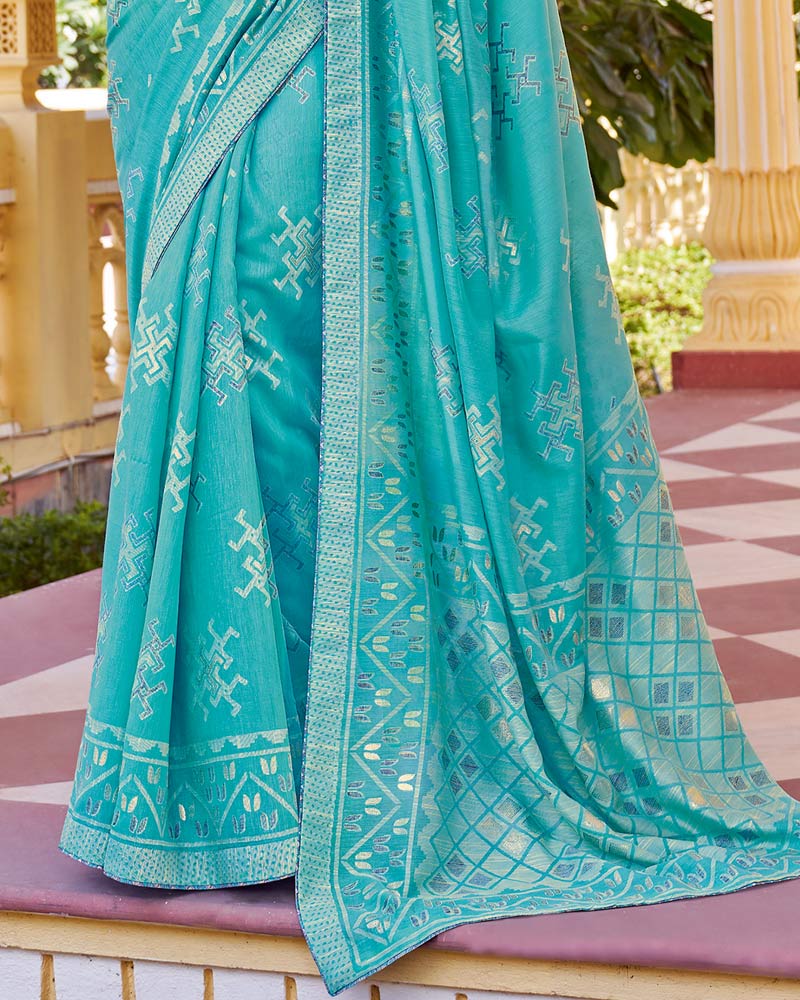 Vishal Prints Dark Turquoise Blue Cotton Brasso Saree With Core Piping