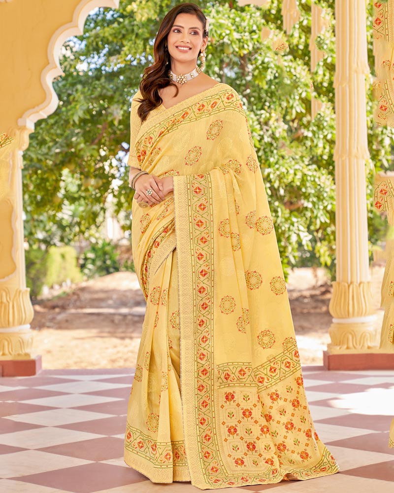 Vishal Prints Light Mustard Cotton Brasso Saree With Core Piping