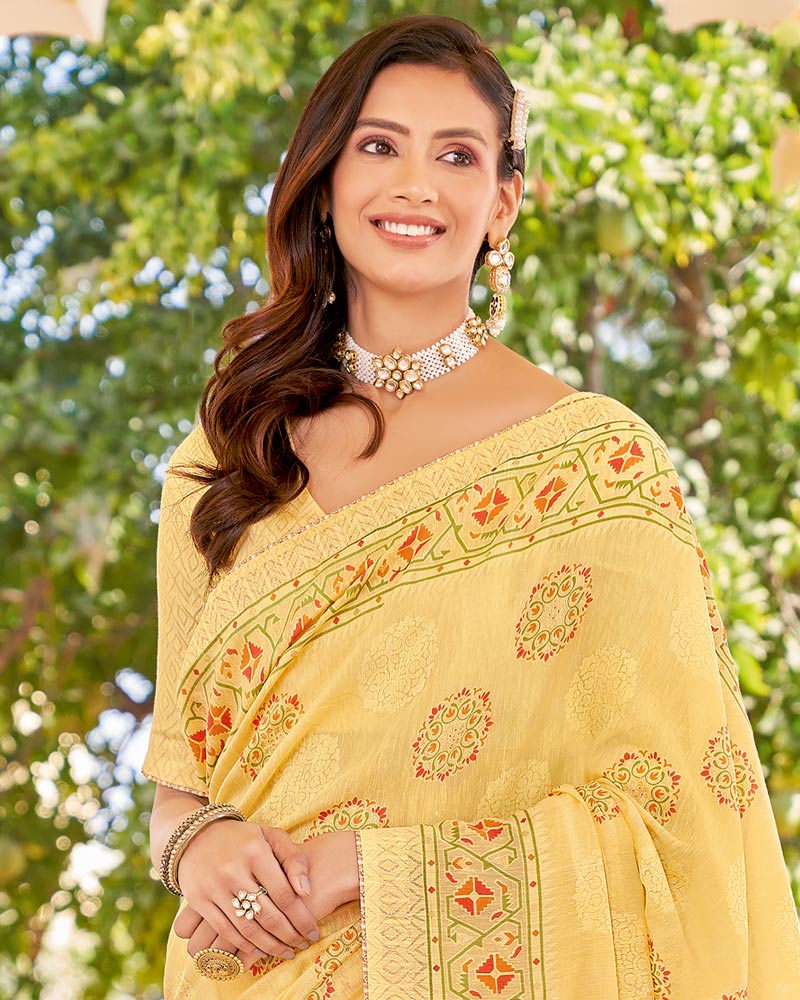 Vishal Prints Light Mustard Cotton Brasso Saree With Core Piping