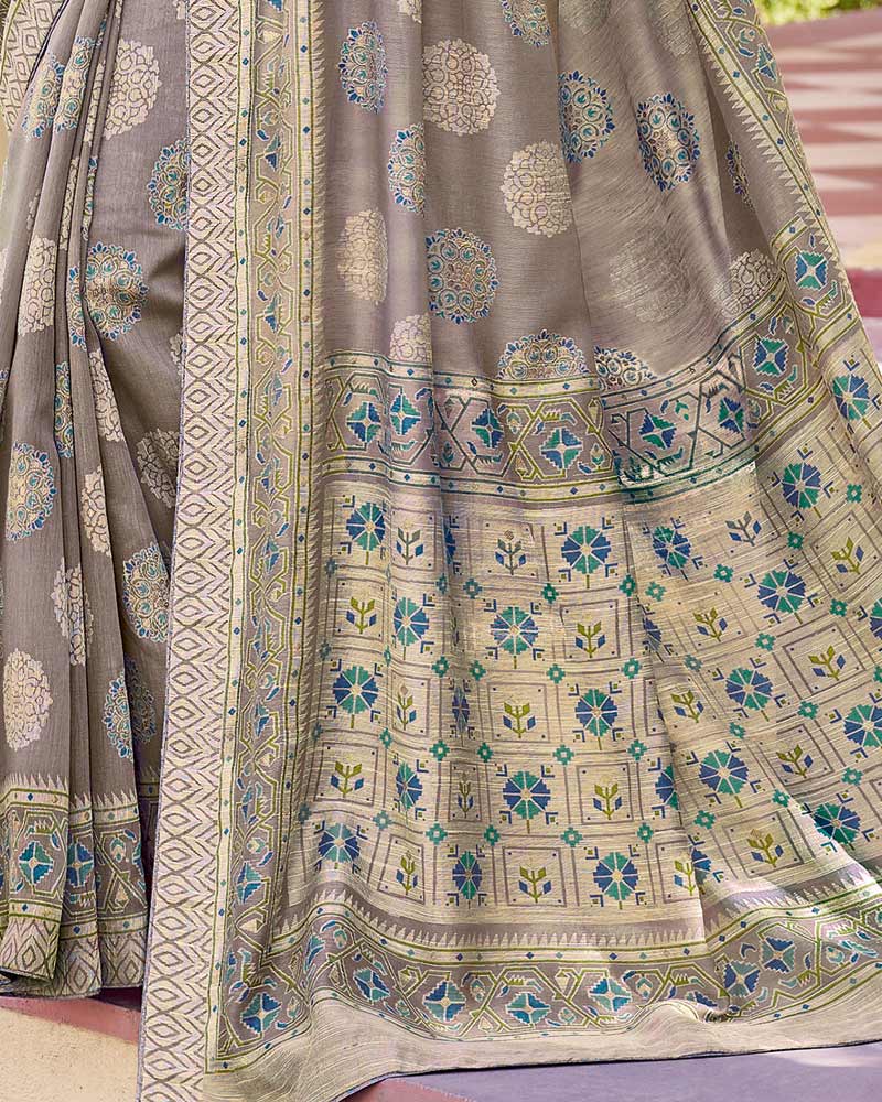 Vishal Prints Grey Cotton Brasso Saree With Core Piping