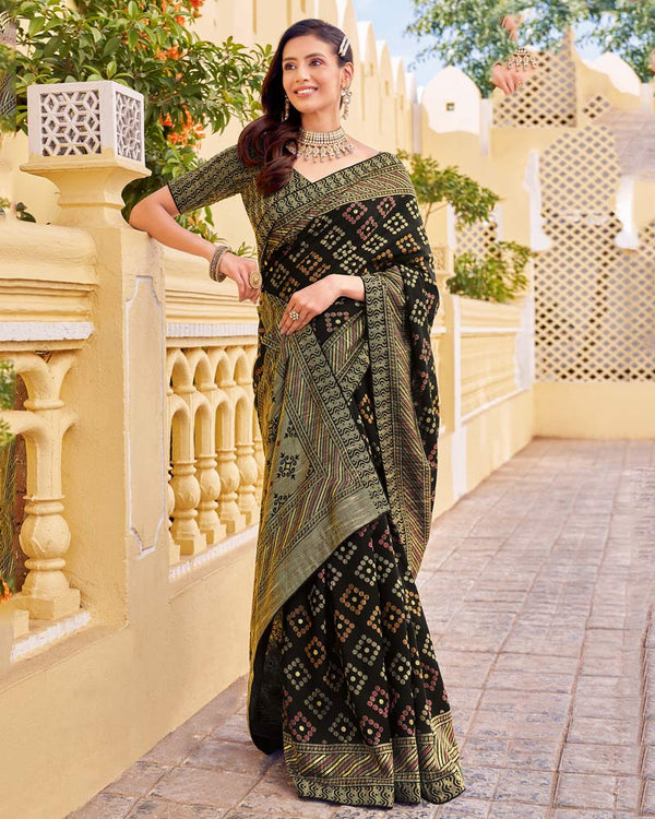 Vishal Prints Black Cotton Brasso Saree With Core Piping