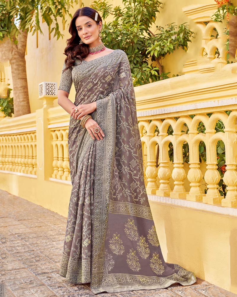 Vishal Prints Ferra Brown Cotton Brasso Saree With Core Piping