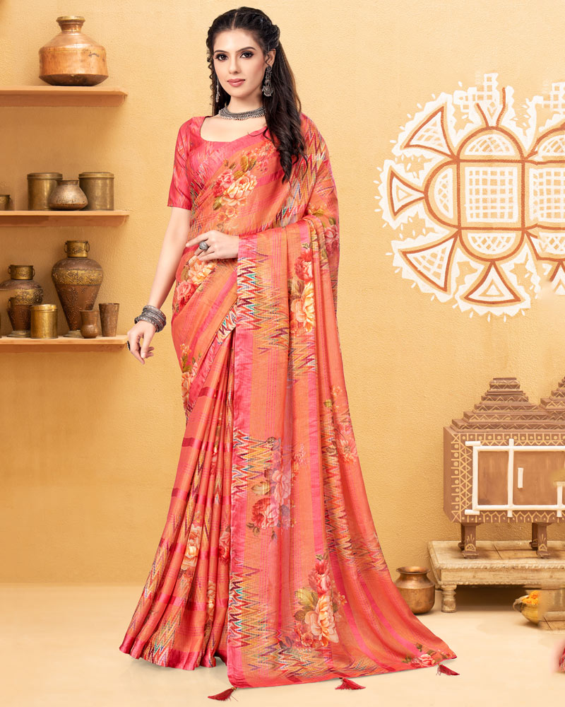 Vishal Prints Pastel Red Digital Print Fancy Chiffon Saree With Tassel