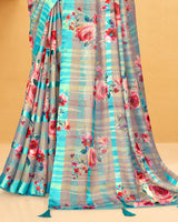 Vishal Prints Dark Turquoise Blue Digital Print Fancy Chiffon Saree With Tassel