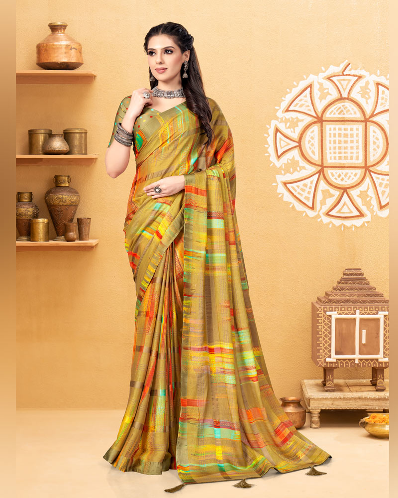 Vishal Prints Dark Mustard Digital Print Fancy Chiffon Saree With Tassel