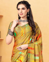 Vishal Prints Dark Mustard Digital Print Fancy Chiffon Saree With Tassel