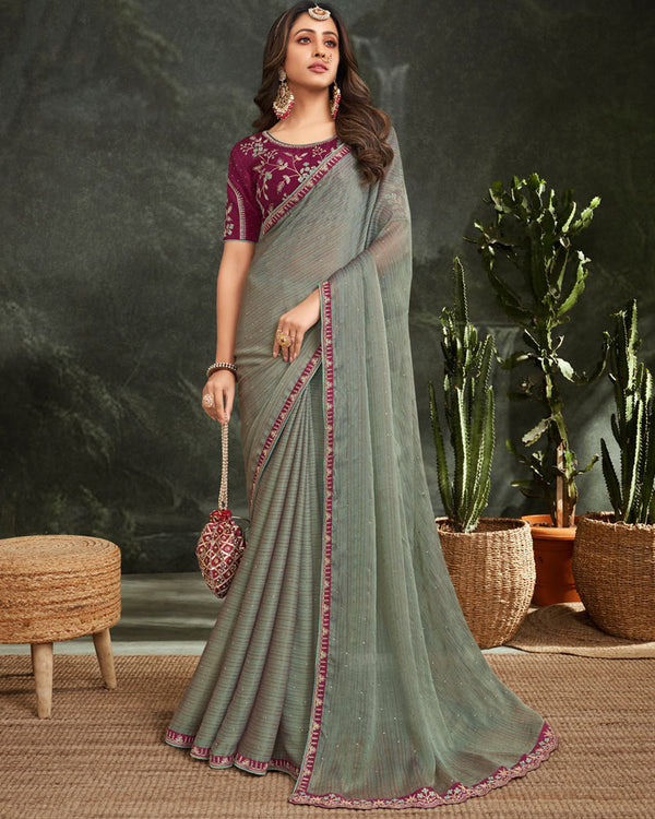 Vishal Prints Stack Green Fancy Chiffon Saree With Diamond Work And Designer Zari Border