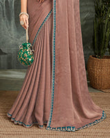 Vishal Prints Sandal Brown Fancy Chiffon Saree With Diamond Work And Designer Zari Border