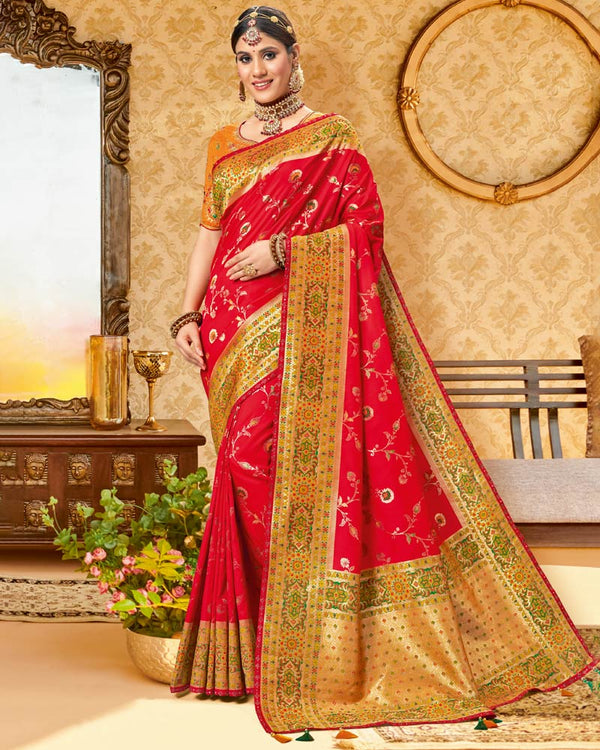 Vishal Prints Cherry Red Art Silk Weaving Saree With Stone Work And Tassel