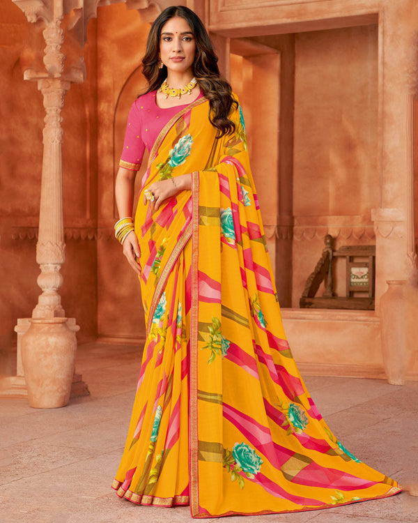 Vishal Prints Dark Yellow Printed Georgette Saree With Fancy Border