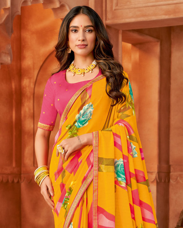 Vishal Prints Dark Yellow Printed Georgette Saree With Fancy Border