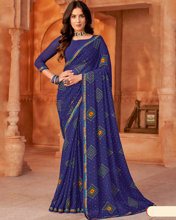 Vishal Prints Indigo Blue Printed Georgette Saree With Fancy Border