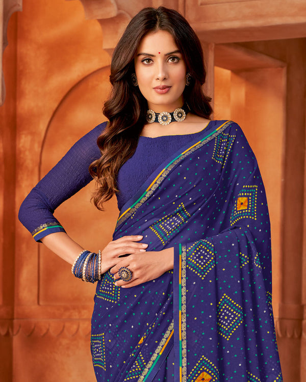 Vishal Prints Indigo Blue Printed Georgette Saree With Fancy Border