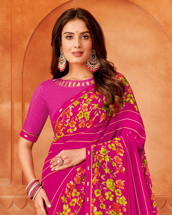 Vishal Prints Fuchsia Printed Georgette Saree With Fancy Border