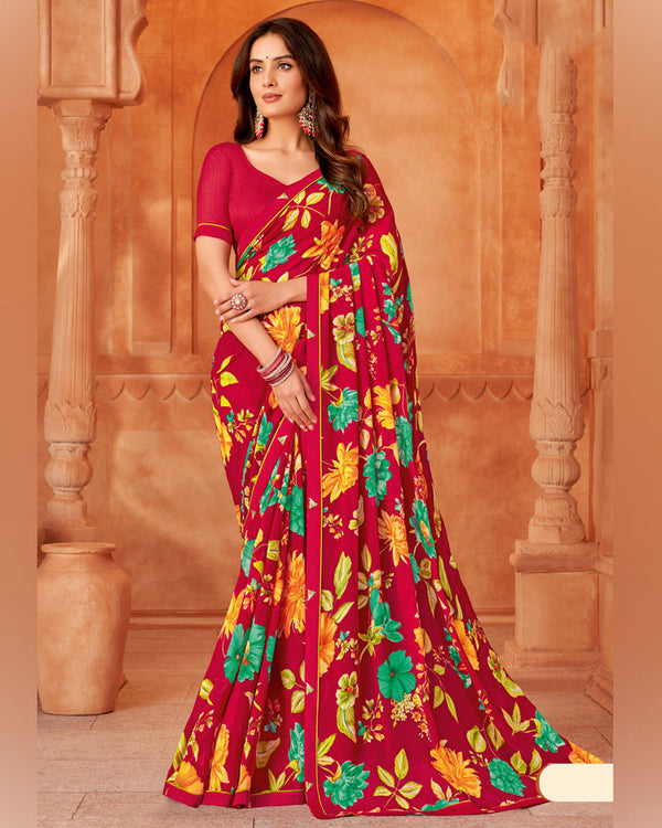 Vishal Prints Crimson Red Printed Georgette Saree With Fancy Border