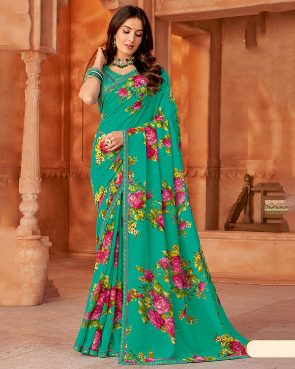 Vishal Prints Aqua Green Printed Georgette Saree With Fancy Border