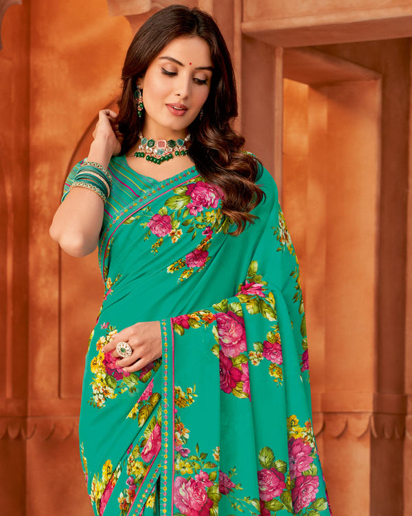 Vishal Prints Aqua Green Printed Georgette Saree With Fancy Border