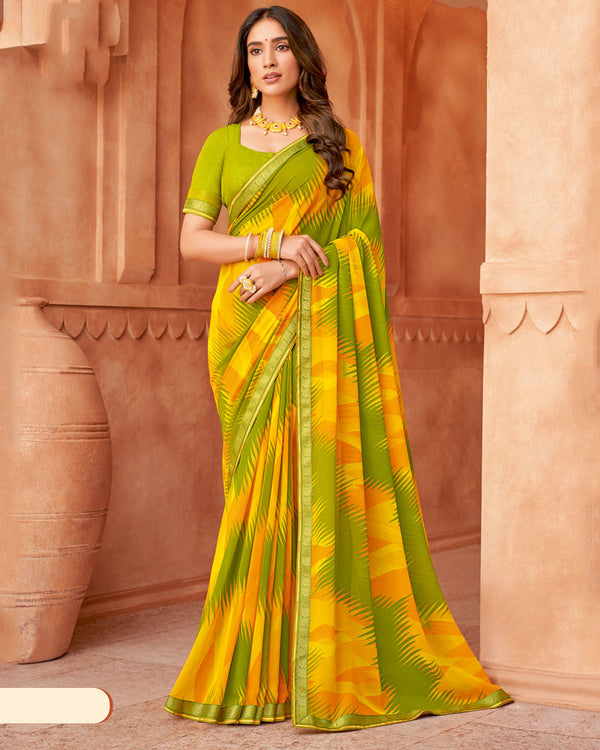 Vishal Prints Bright Olive Green Printed Georgette Saree With Fancy Border