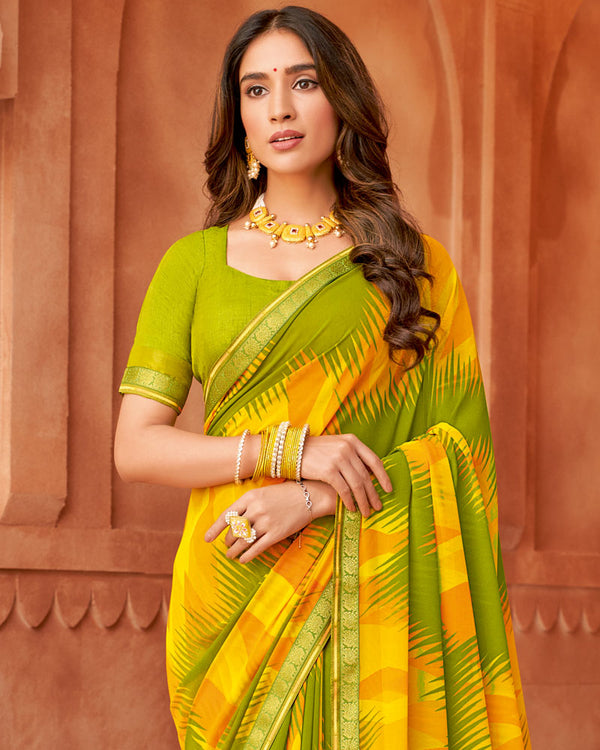 Vishal Prints Bright Olive Green Printed Georgette Saree With Fancy Border