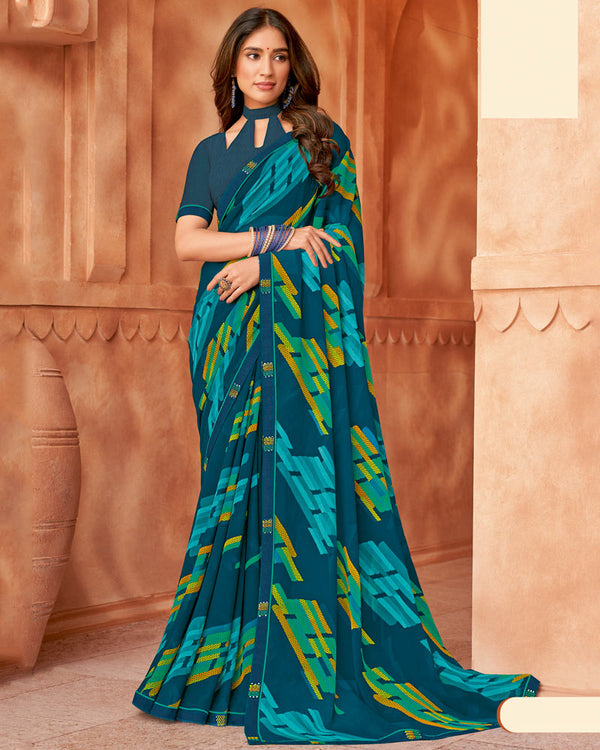 Vishal Prints Dark Teal Blue Printed Georgette Saree With Fancy Border