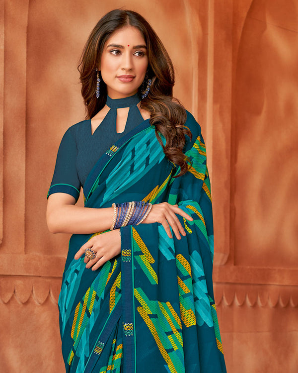 Vishal Prints Dark Teal Blue Printed Georgette Saree With Fancy Border