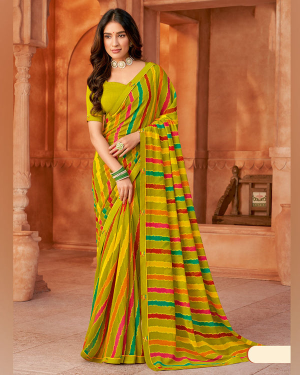 Vishal Prints Olive Yellow Printed Georgette Saree With Fancy Border