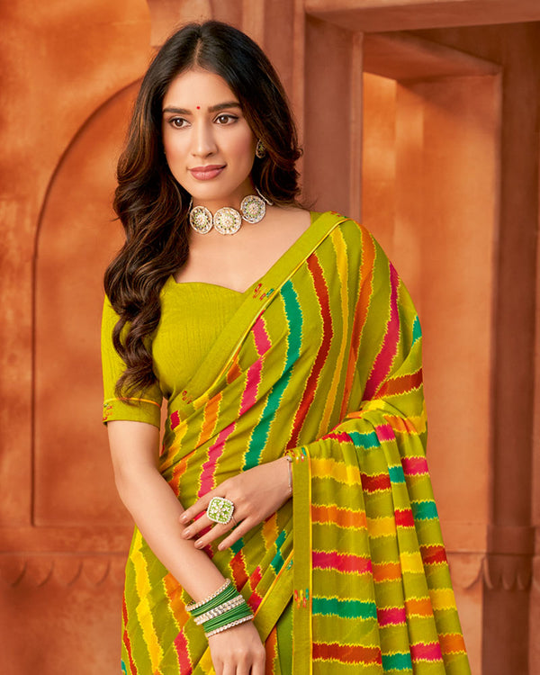 Vishal Prints Olive Yellow Printed Georgette Saree With Fancy Border