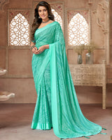 Vishal Prints Aqua Green Printed Fancy Chiffon Saree With Weaved Satin Patta And Tassel