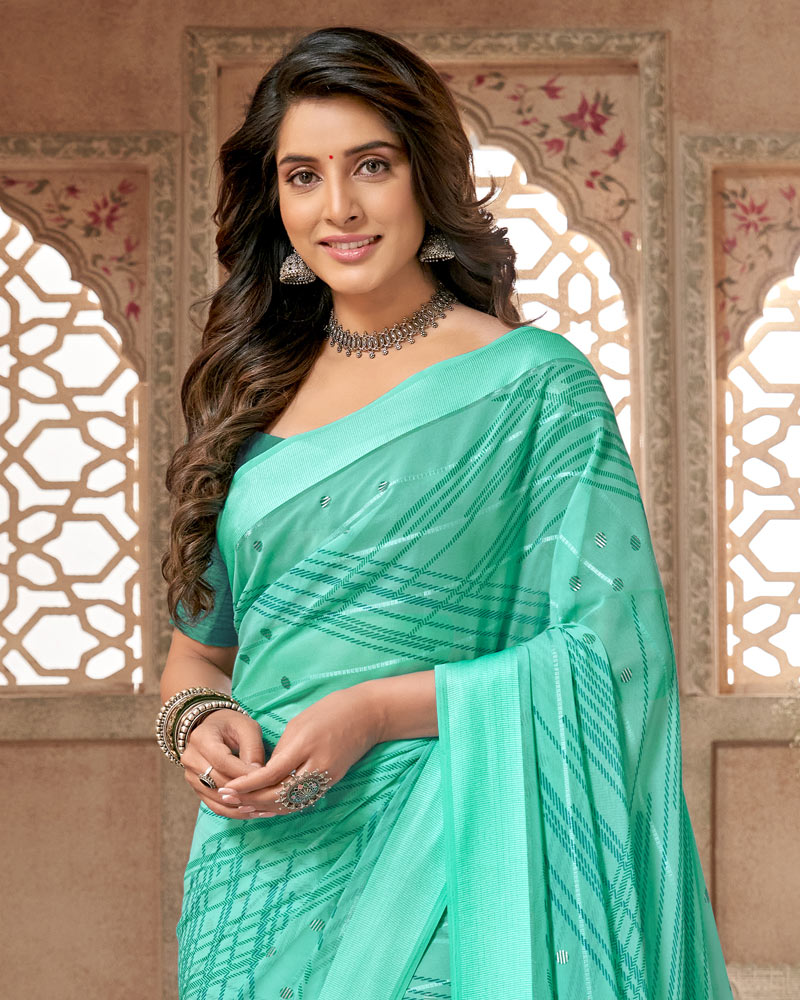 Vishal Prints Aqua Green Printed Fancy Chiffon Saree With Weaved Satin Patta And Tassel