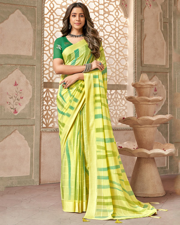 Vishal Prints Light Yellow Printed Fancy Chiffon Saree With Weaved Satin Patta And Tassel