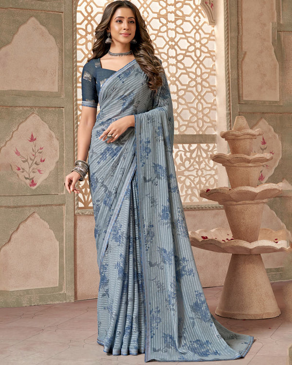 Vishal Prints Regent Grey Printed Fancy Chiffon Saree With Diamond Piping