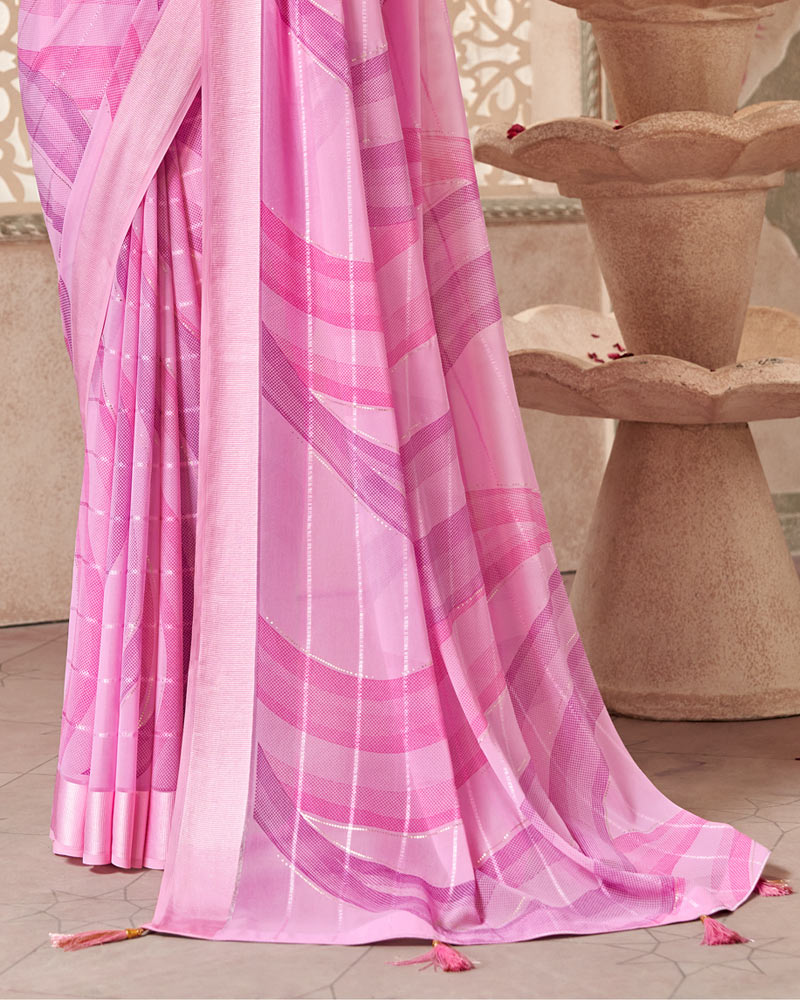 Vishal Prints Pink Printed Fancy Chiffon Saree With Weaved Satin Patta And Tassel