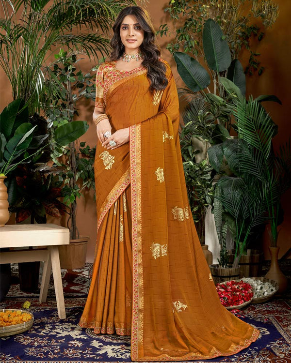 Vishal Prints Ochre Designer Patterned Chiffon Saree With Foil Print And Fancy Border